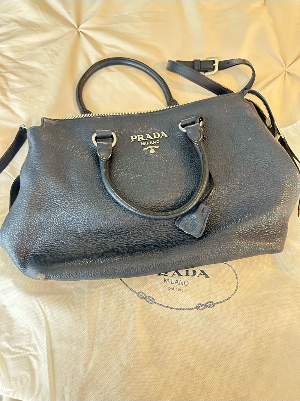Prada Navy Pebbled Leather Satchel with Silver Hardware